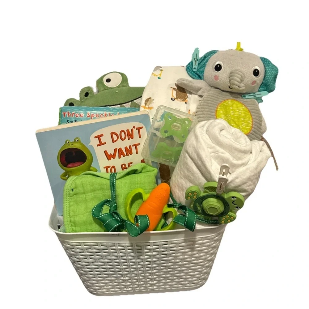 Unisex Baby Shower Gift, Frog Infant Present, Outfit, Book, Toys, Blanket & More